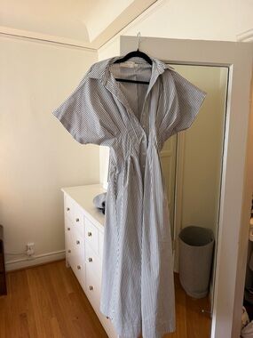Striped Shirt Dress in White and Navy